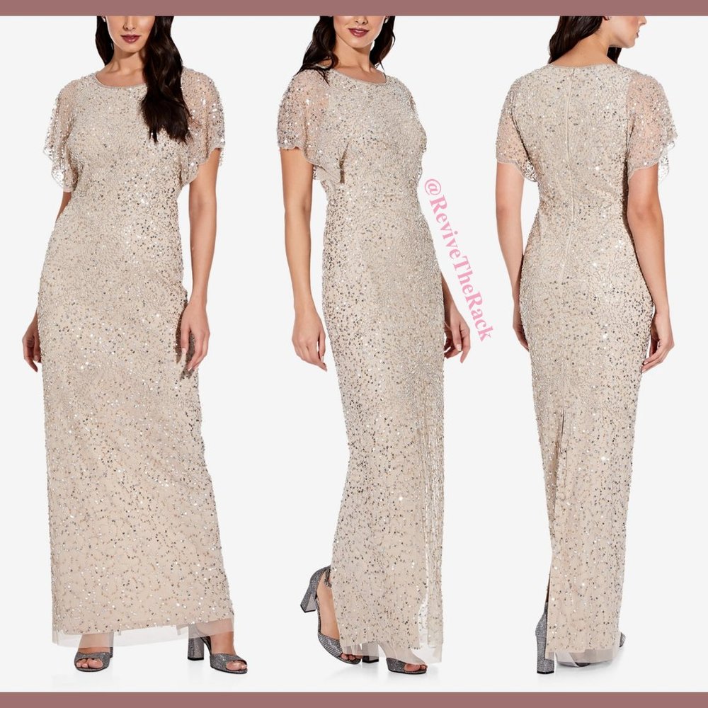 NWT $329 Adrianna Papell Sequin Flutter Sleeve‎ Gown in Biscotti [SZ 2 ]